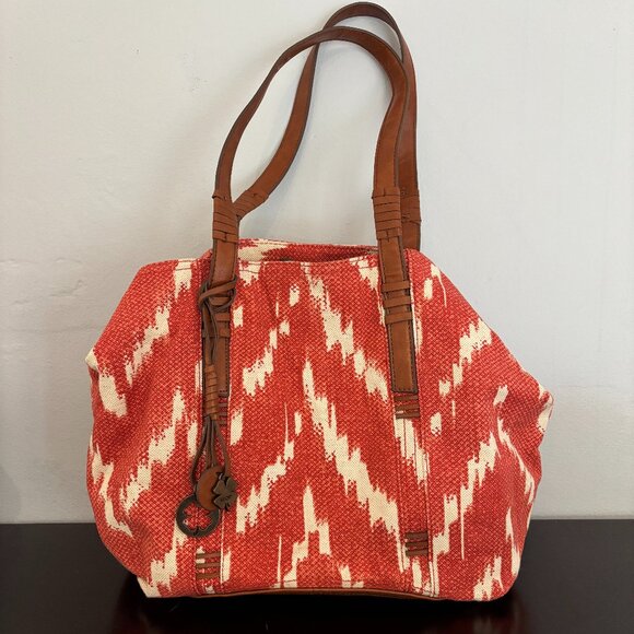 Lucky Brand Orange White Brown Aztec Ikat Canvas Tote - Picture 1 of 12